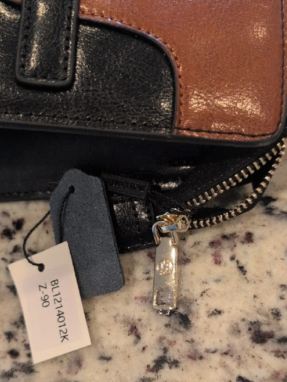 Bostanten Two-Tone Black and Brown Leather Tote with Gold Accent Charm